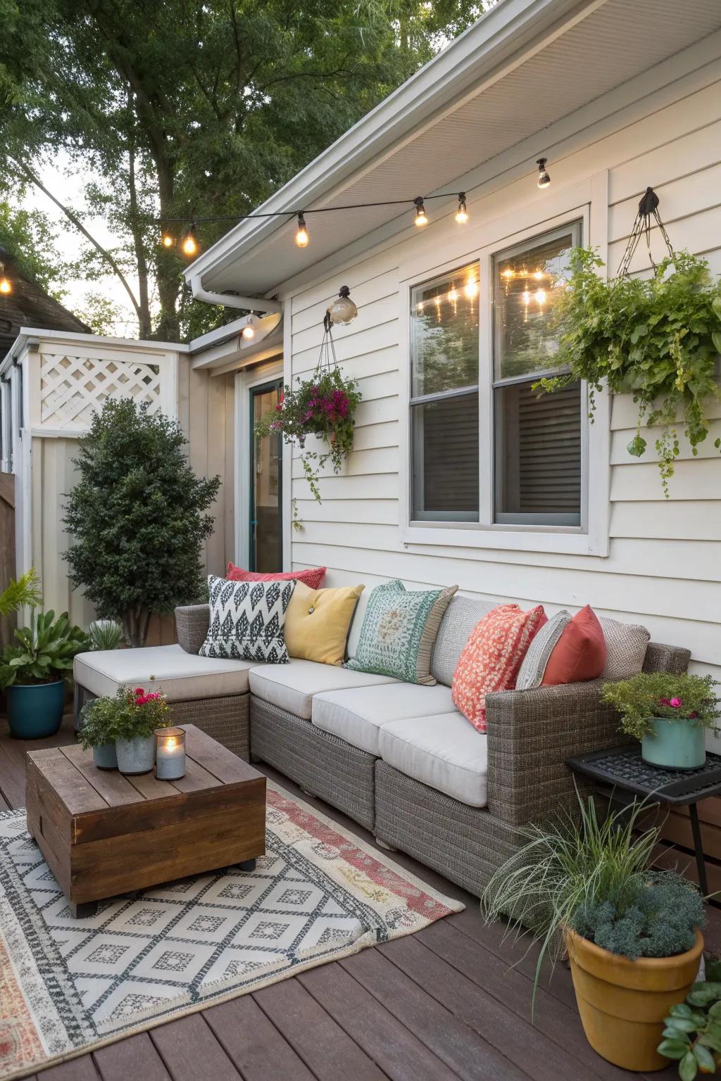 Hanging greenery and wall-mounted plants on a small patio