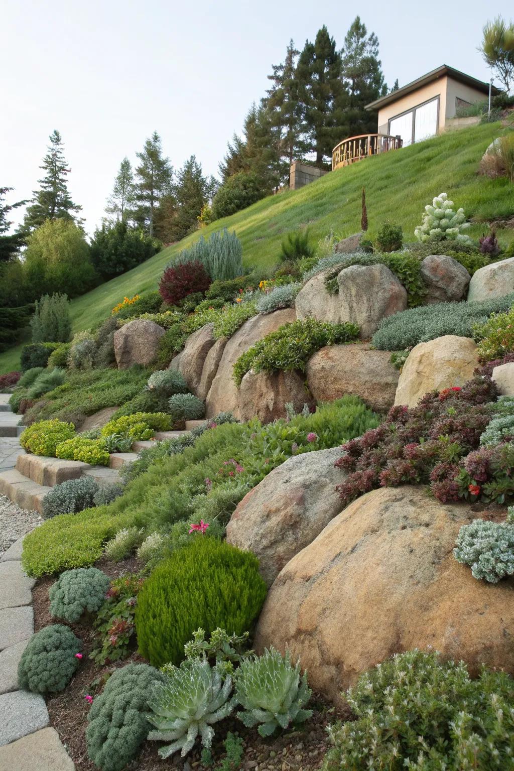 Orgainized Rocks Landscaping Hill Ideas: Transform Slopes Into Inviting Garden Spaces